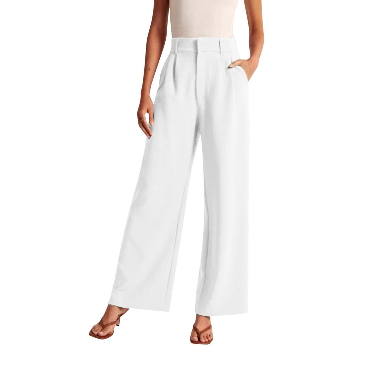 High-waist pleated wide-leg pants in white, on a white background