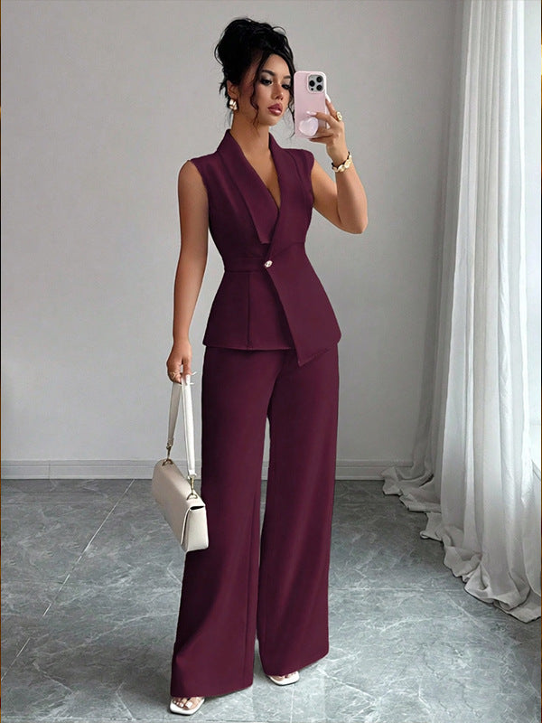 Sleeveless blazer top and wide-leg pants set in plum, front view
