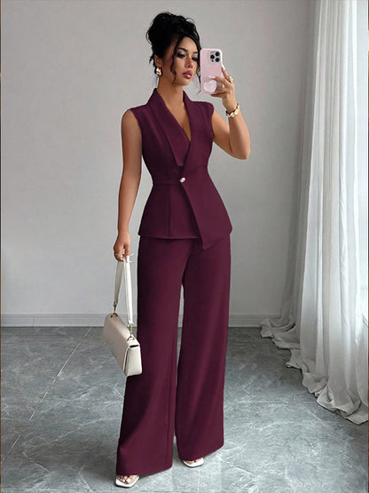 Sleeveless blazer top and wide-leg pants set in plum, front view