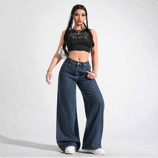 High-waist wide-leg jeans in dark indigo, full-length front view