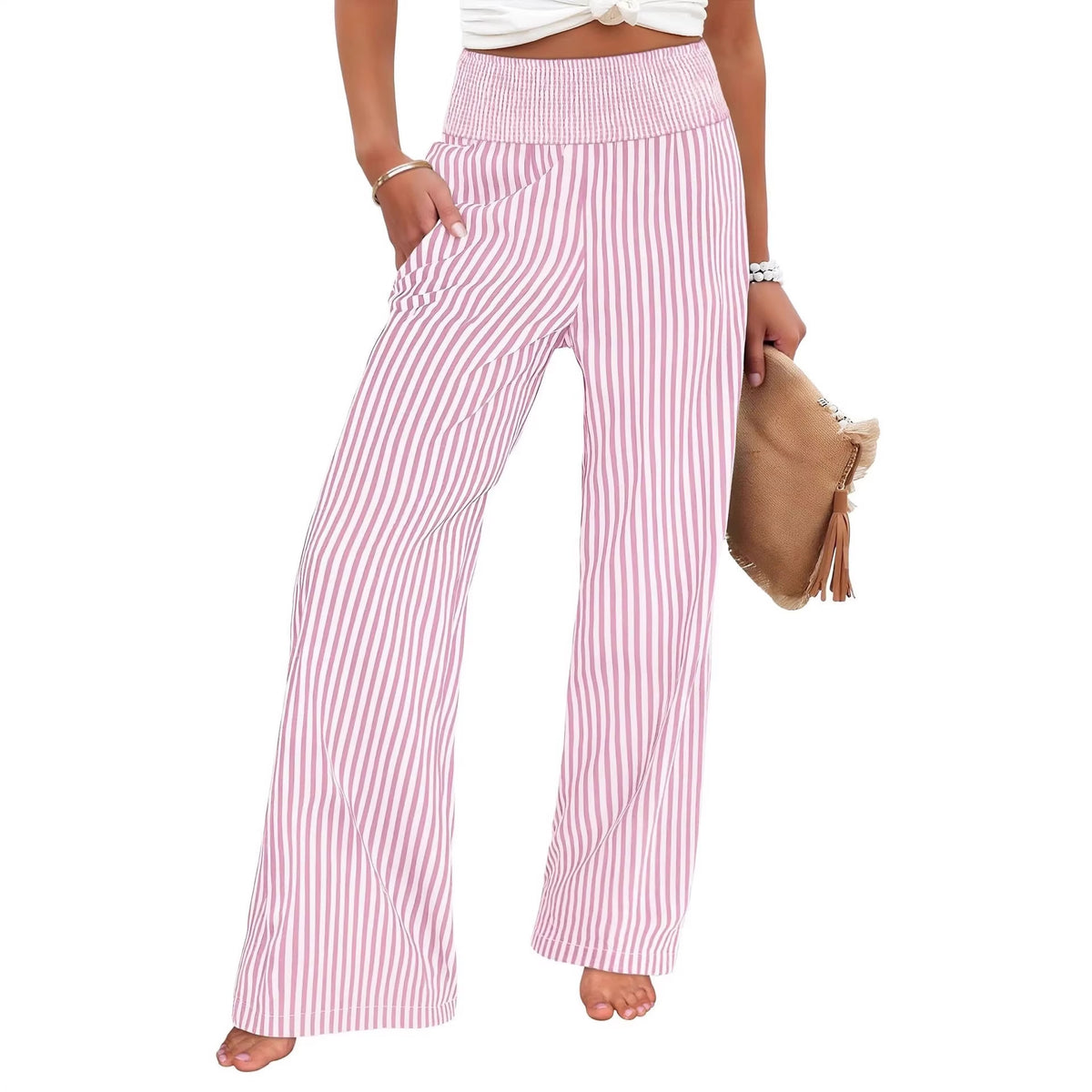Wide-leg pants in pink and white stripe with a smocked high waist, front view