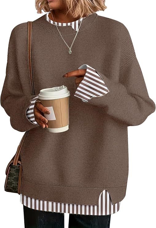 Double-layer crewneck sweater in mocha brown with striped layered cuffs and hem, front view