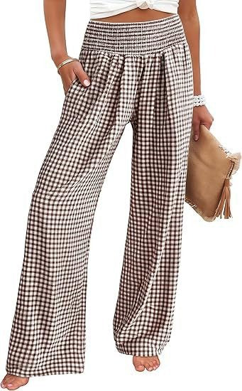 Brown and white checked wide-leg pants with a smocked waistband