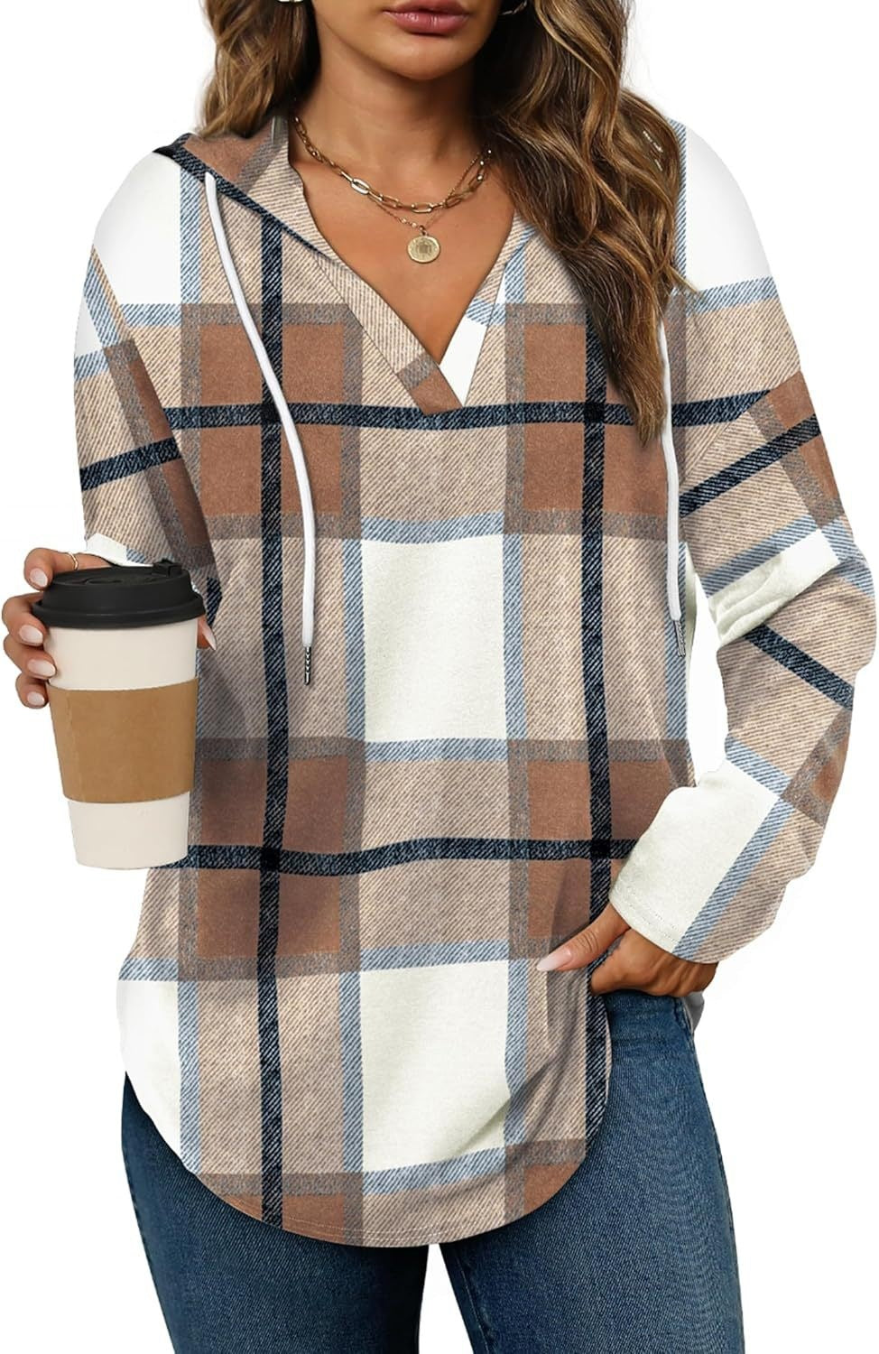 Plaid V-neck hooded long-sleeve top with drawstring in tan, cream and navy