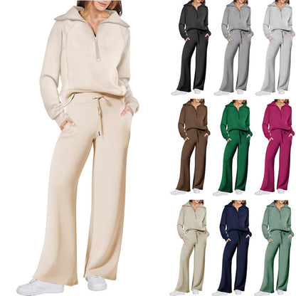 Harlow half-zip pullover and wide-leg pants lounge set in cream, with the other color options shown in the corner