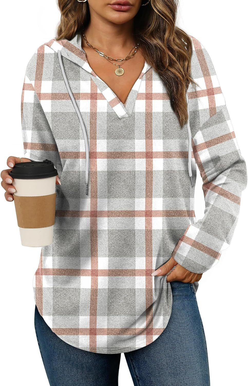 Plaid V-neck hooded long-sleeve top with drawstring in white and coral