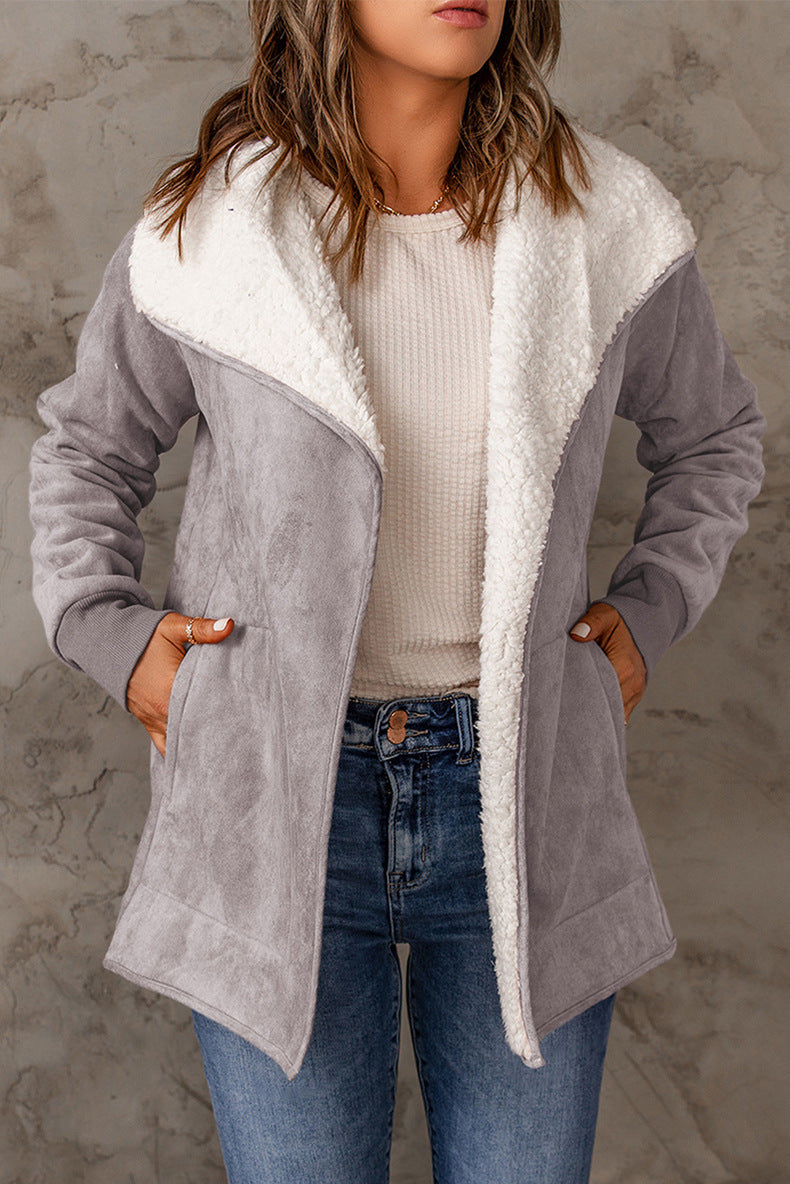 Suede-look open-front coat with sherpa-lined lapel in gray, front view