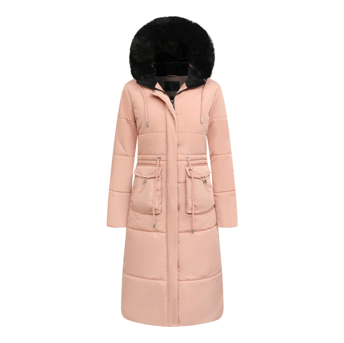 Long padded hooded coat with faux fur trim and cinched waist in peach