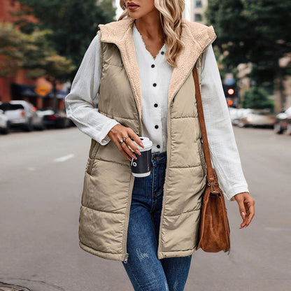 Long quilted hooded vest with soft sherpa lining in beige