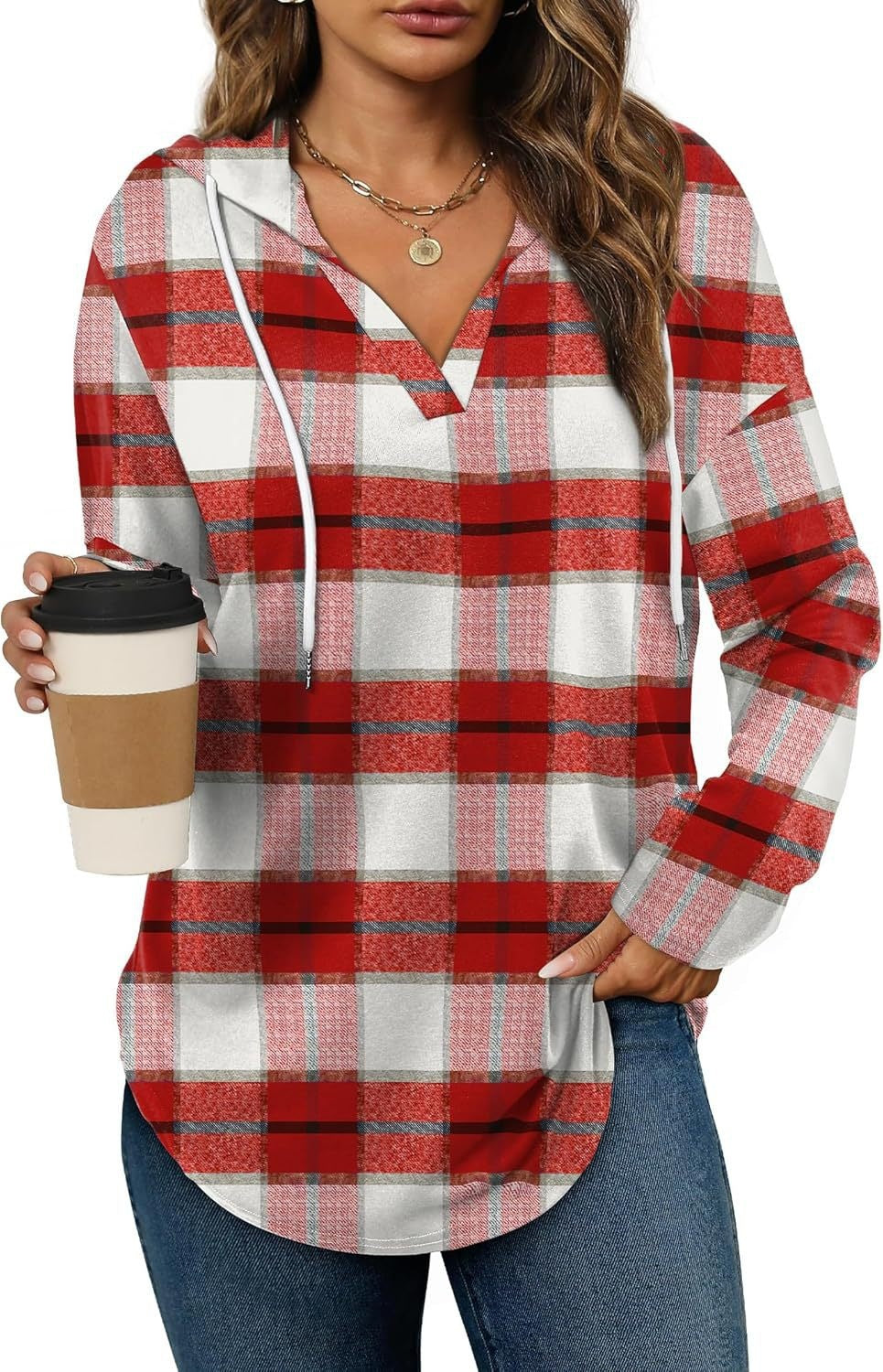 Plaid V-neck hooded long-sleeve top with drawstring in red and white