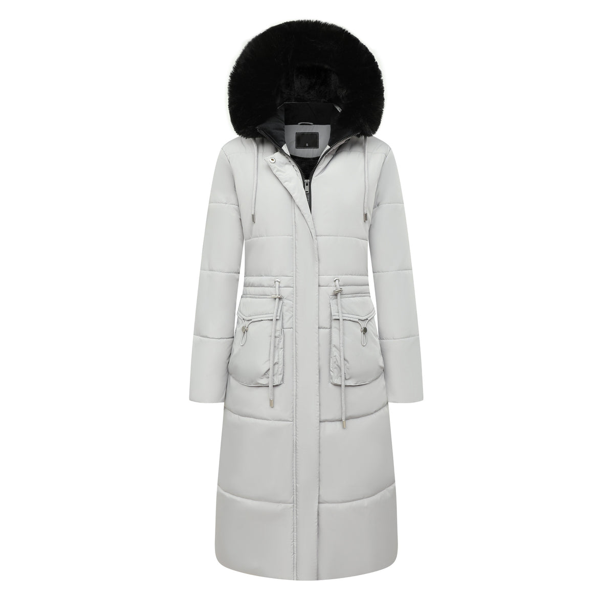 Long padded hooded coat with faux fur trim and cinched waist in light gray