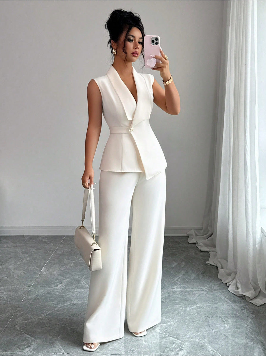 Sleeveless blazer top and wide-leg pants set in white, front view