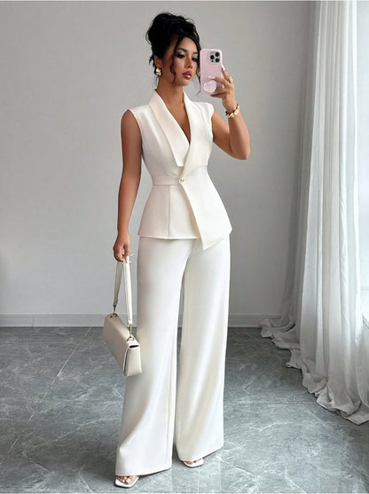 Sleeveless blazer top and wide-leg pants set in white, front view