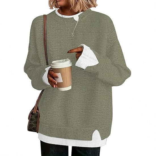 Double-layer crewneck sweater in sage green with striped layered cuffs and hem, front view
