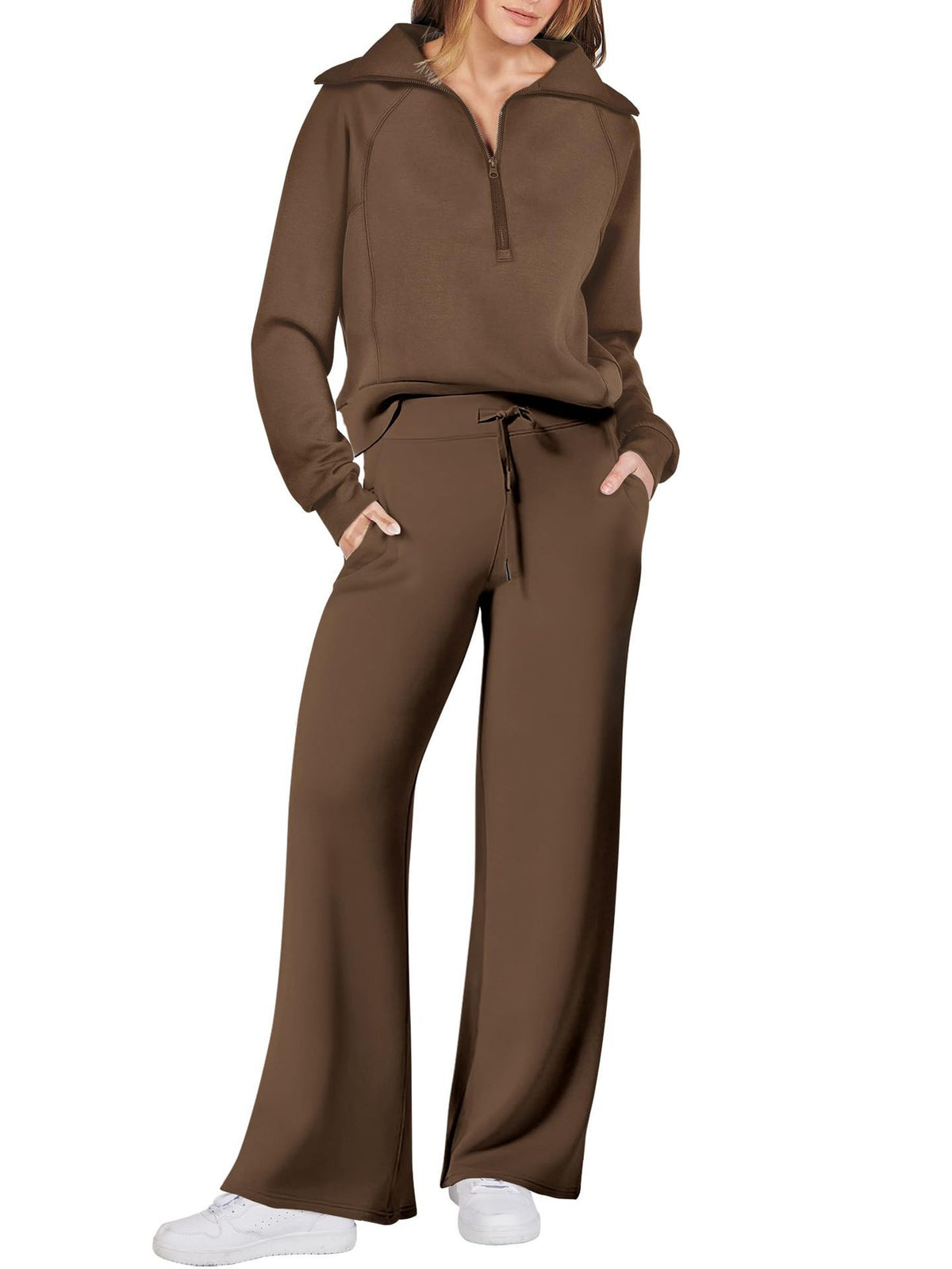 Harlow half-zip pullover and wide-leg pants lounge set in chocolate brown