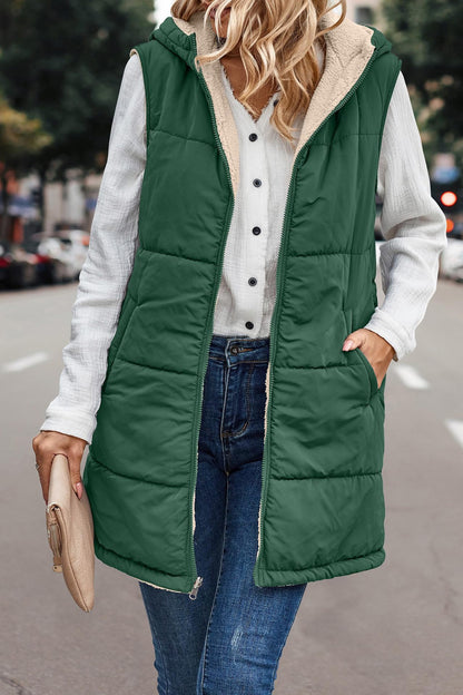 Green long quilted hooded vest with sherpa lining