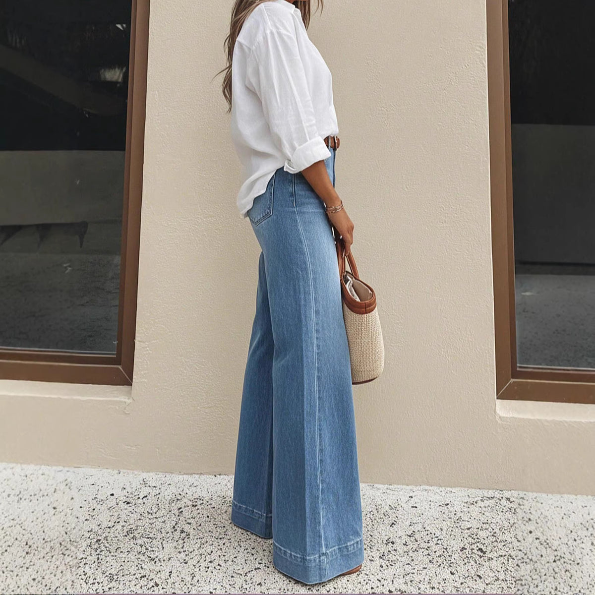 Light blue washed high-waist wide-leg jeans, side view