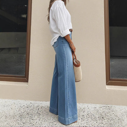 Light blue washed high-waist wide-leg jeans, side view