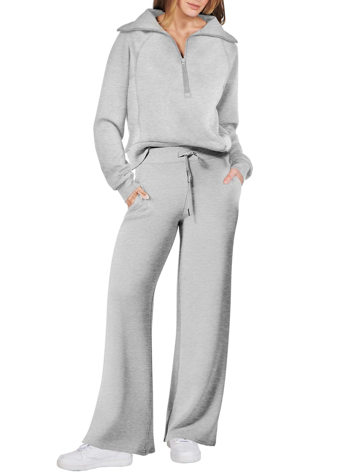 Harlow half-zip pullover and wide-leg pants lounge set in light gray