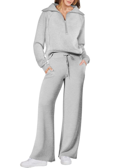 Harlow half-zip pullover and wide-leg pants lounge set in light gray