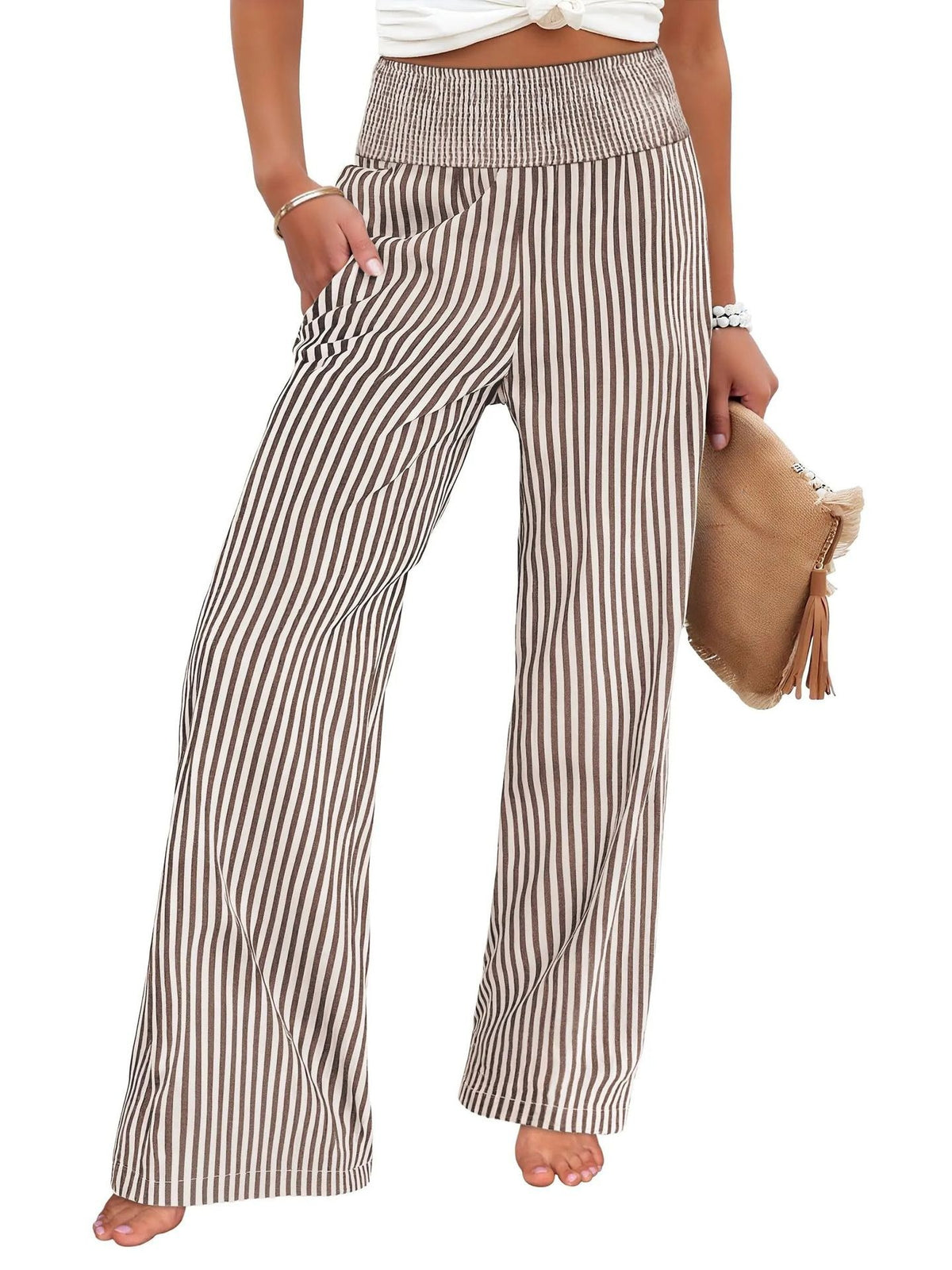 Wide-leg pants in taupe and cream stripe with a smocked high waist, front view