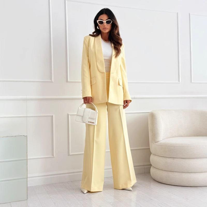Butter yellow blazer and wide-leg pants set, full-length front view