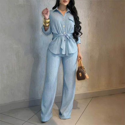 Lapel collar belted shirt and wide-leg pants set in light blue, front view