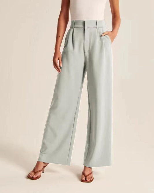 High-waist pleated wide-leg pants in sage, front view