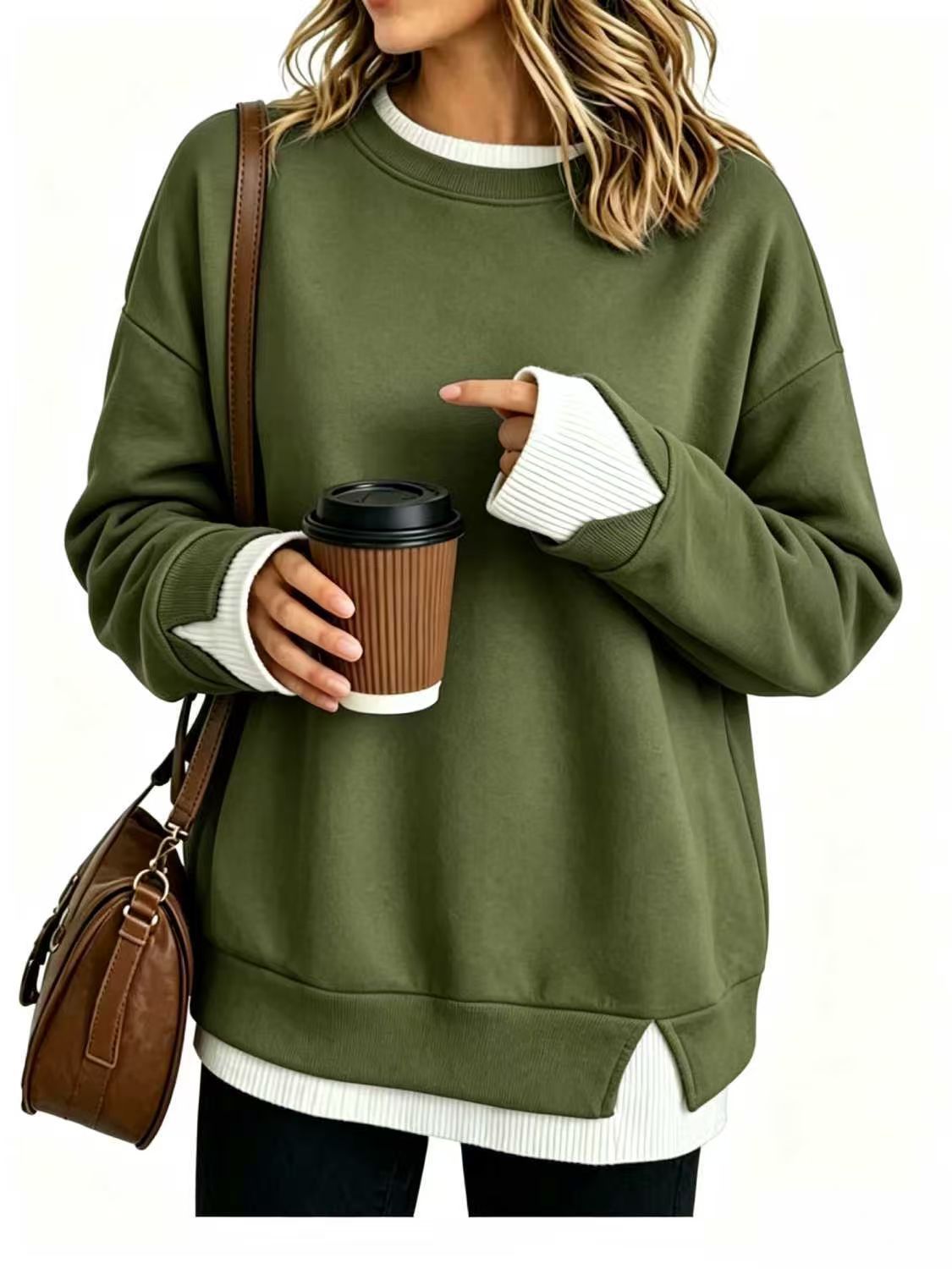 Double-layer crewneck sweater in olive green with a white layered hem, front view