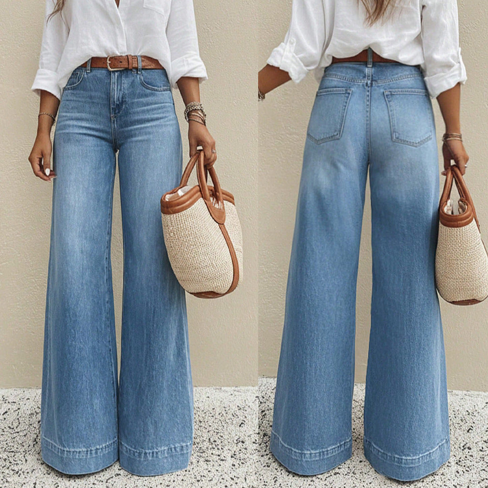 Light blue washed high-waist wide-leg jeans, front and back views