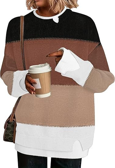 Double-layer crewneck sweater in black, brown and tan color-block with a white layered hem, front view