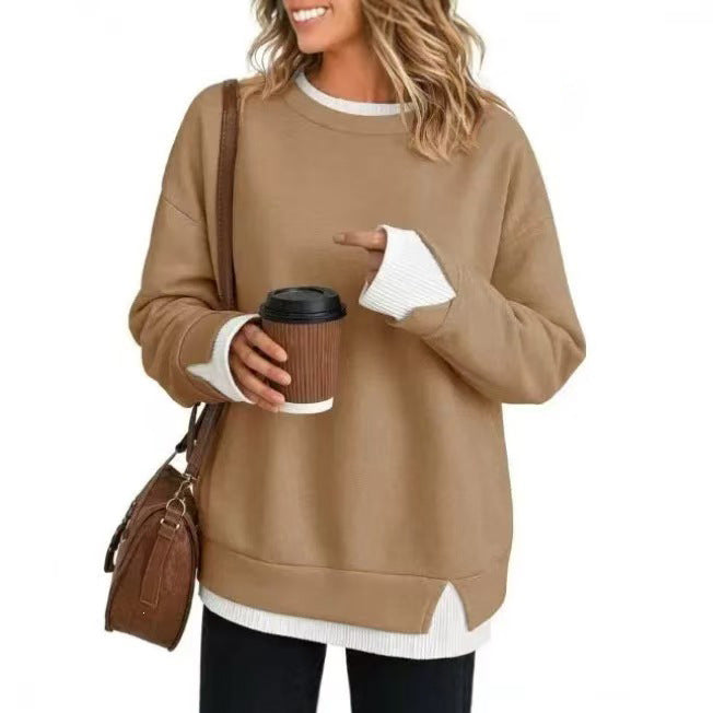 Double-layer crewneck sweater in camel with white layered cuffs and hem, front view