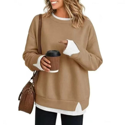 Double-layer crewneck sweater in camel with white layered cuffs and hem, front view