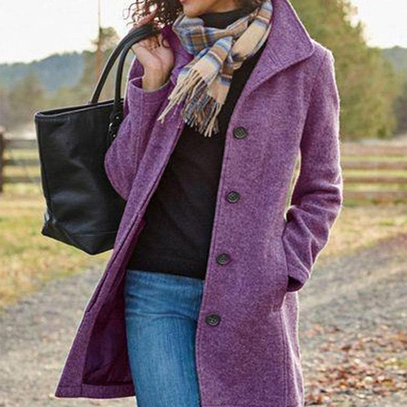 Mid-length single-breasted lapel coat in violet, front view