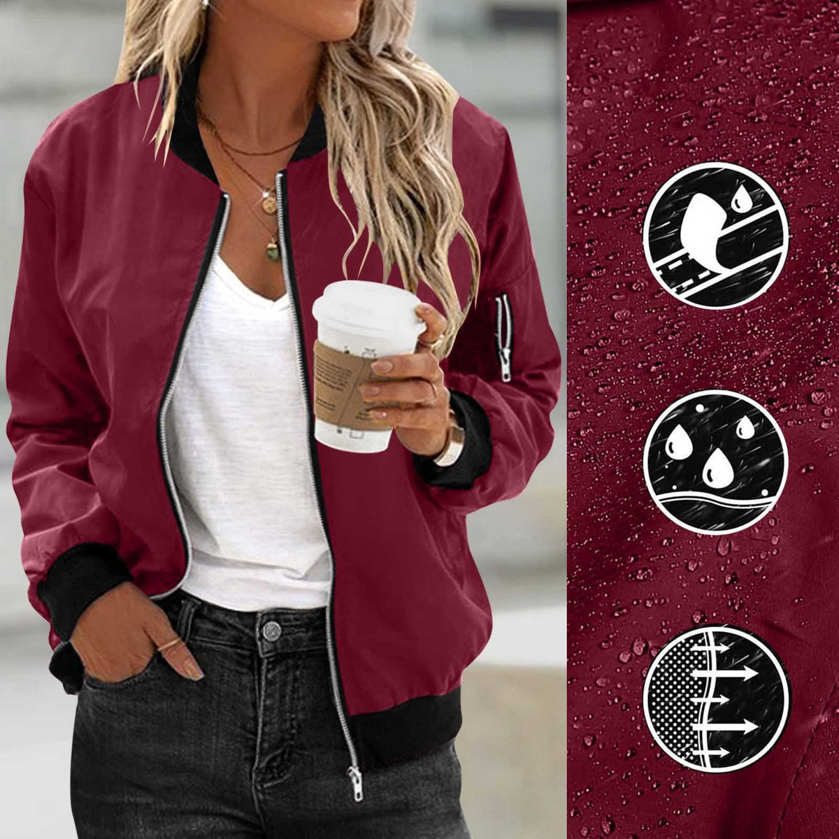 Wine red zip-front bomber jacket with icons showing its water-resistant fabric