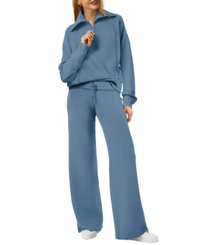 Harlow half-zip pullover and wide-leg pants lounge set in slate blue