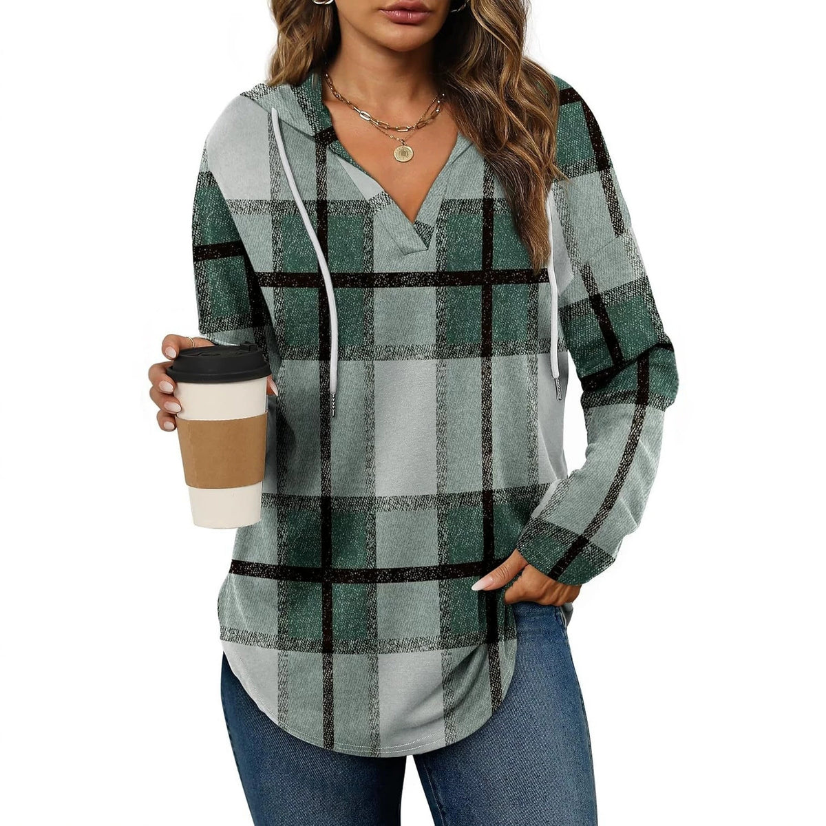 Plaid V-neck hooded long-sleeve top with drawstring in green and gray
