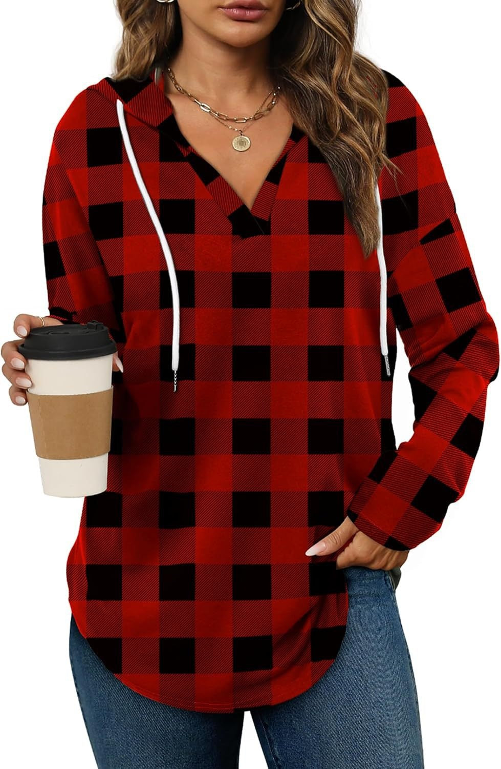 Plaid V-neck hooded long-sleeve top with drawstring in red and black buffalo check