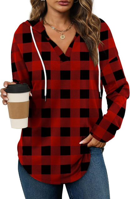 Plaid V-neck hooded long-sleeve top with drawstring in red and black buffalo check