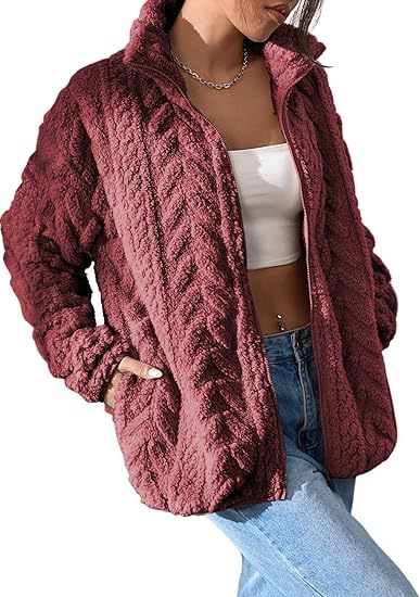 Textured cable-pattern fleece zip-up jacket with stand collar in wine