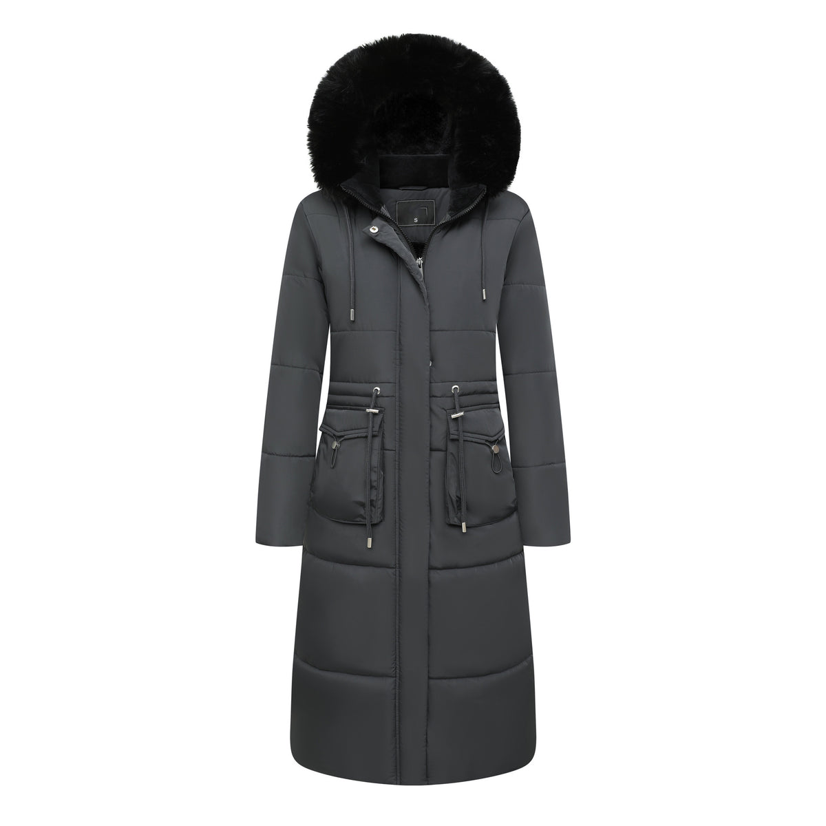 Long padded hooded coat with faux fur trim and cinched waist in charcoal