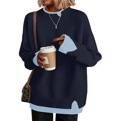 Double-layer crewneck sweater in navy with light blue layered cuffs and hem, front view