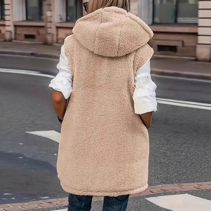 Beige teddy fleece hooded vest, back view showing the reversible side