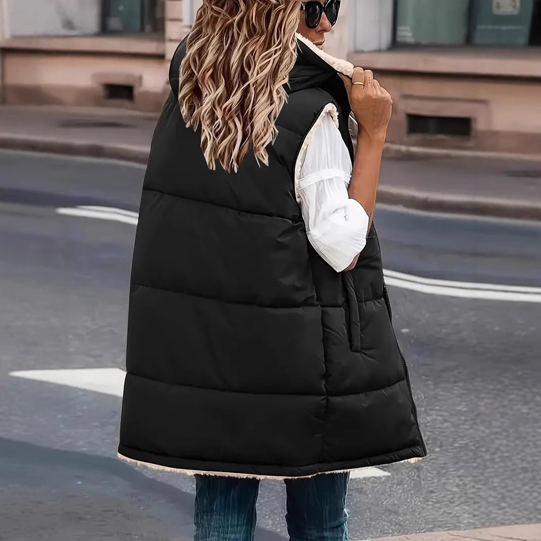 Black quilted hooded vest, back view