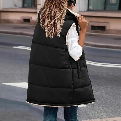 Black quilted hooded vest, back view