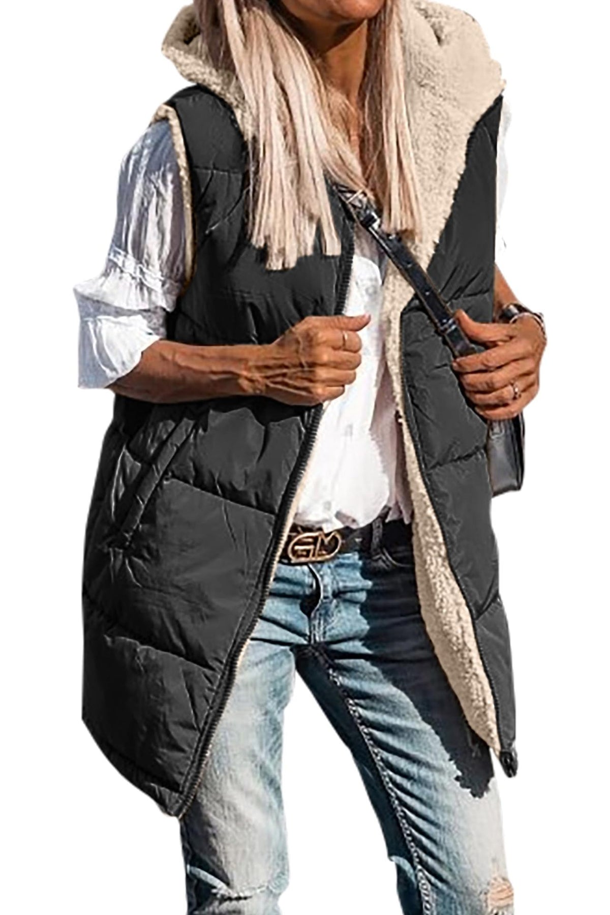 Long quilted hooded vest with soft sherpa lining in black