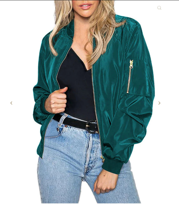 Zip-front bomber jacket with ribbed cuffs and hem in emerald green