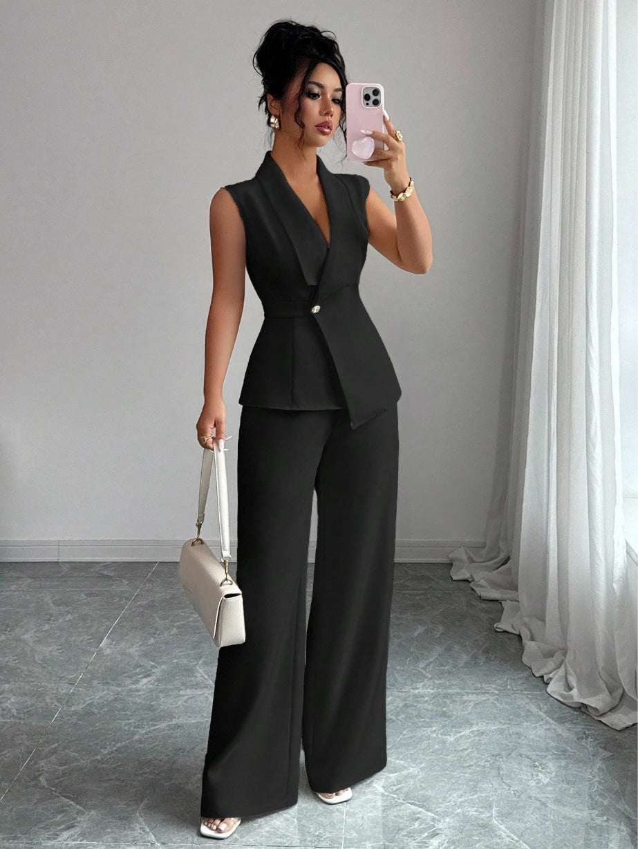 Sleeveless blazer top and wide-leg pants set in black, front view