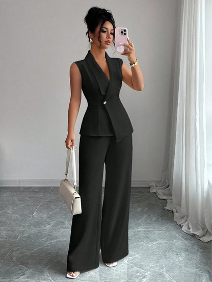 Sleeveless blazer top and wide-leg pants set in black, front view
