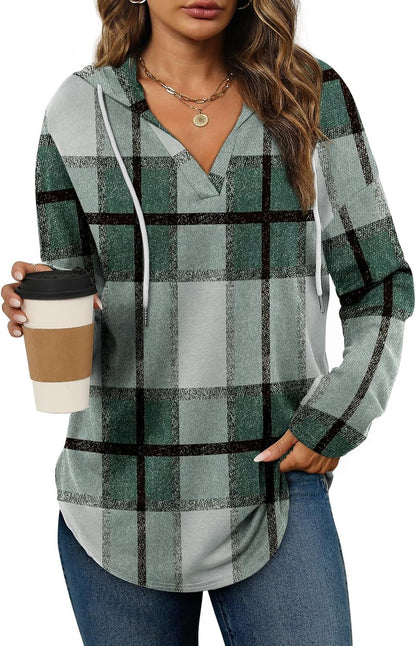 Plaid V-neck hooded long-sleeve top with drawstring in green and gray
